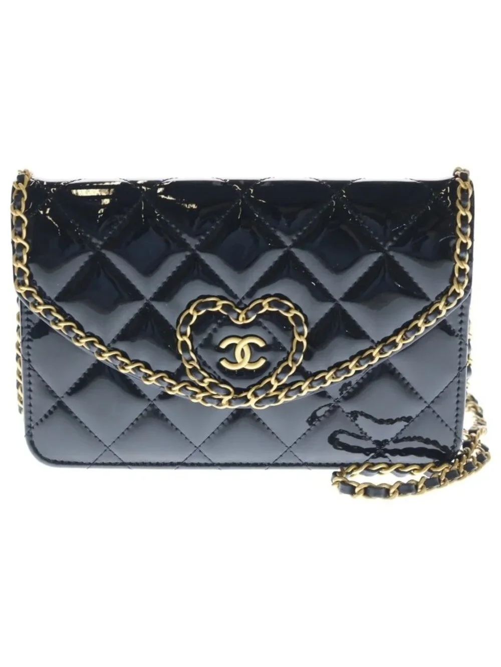 Chanel Quilted Patent Heart Chain Mini Shoulder Bag Black Gold